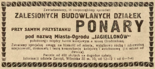 Skelbimas apie parduodamus sklypus naujai formuojamoje gyvenvietėje „Jagiellonów“. 1932 m.