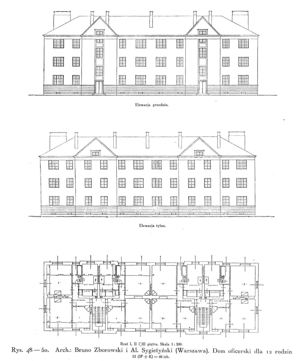 B. Zborowski, A. Sygietyński. 12 šeimų karininkų namo projektas. 1929 m.